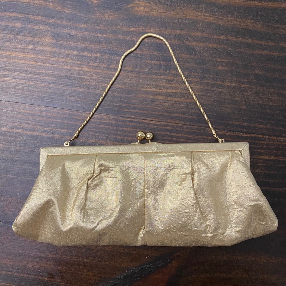 Kate Landry Gold Metallic Pleated Evening Clutch Bag Kiss Lock Snake Chain Strap